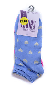 Ladies Trainer Socks - Assorted Designs (Spots/Hearts) - 3prs
