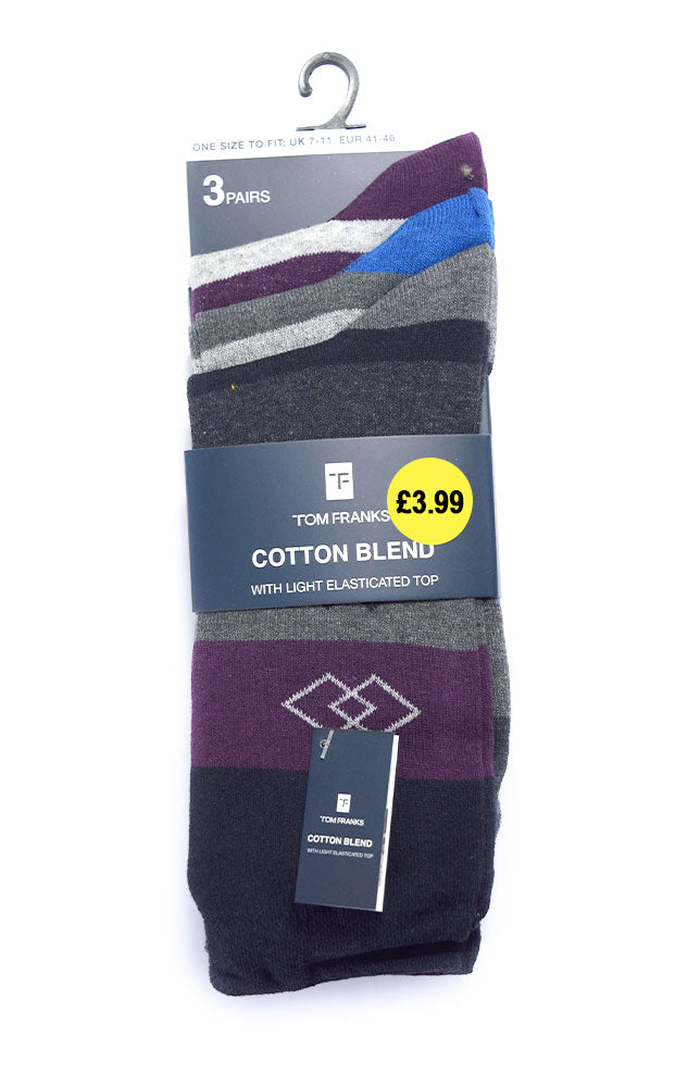 Mens Cotton Socks - Assorted Colours - 3prs